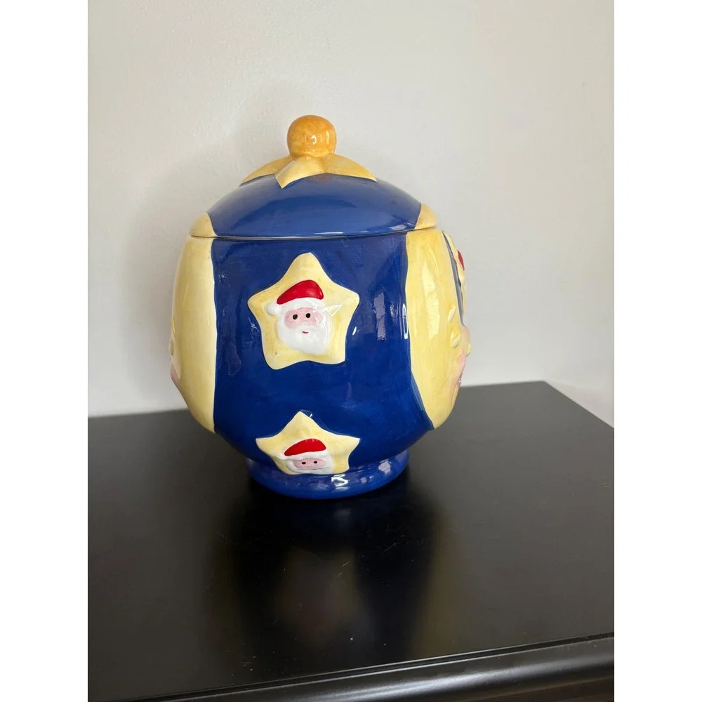 Round Santa Moon Star Blue Ceramic Cookie Jar Whimsical Christmas‎ Holidays